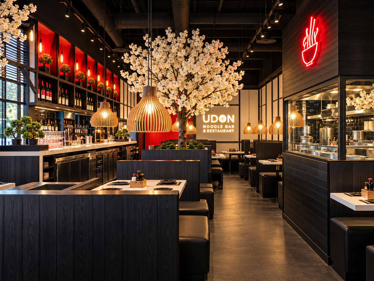 Restaurante reformado con barra, mesas y un árbol decorativo iluminado